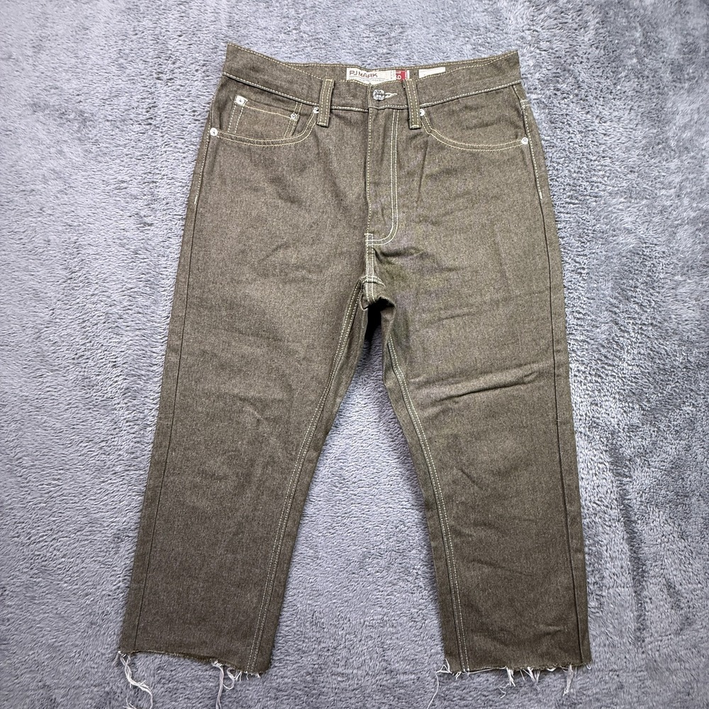 VTG Y2K PJ Mark Cropped Stiff Denim Jeans Mens 32x24 Olive Green Raw Hem
